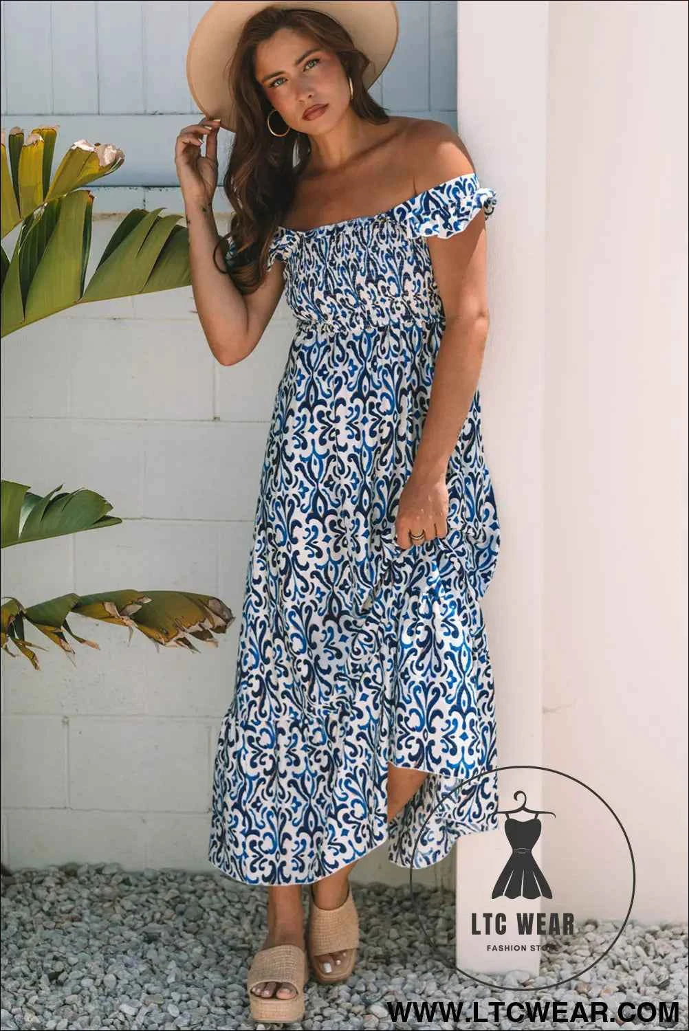 Sky Blue Boho Print Smocked High Waist Maxi Dress