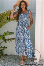 Sky Blue Boho Print Smocked High Waist Maxi Dress