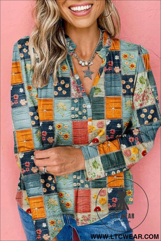 Sky Blue Checkered Floral Patchwork V Neck Blouse