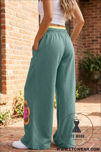 Sky Blue Color Block Flower Patchwork Drawstring Contrasted Elastic Waist Wide Leg Pants - L.T.C Wear Online Fashion Store