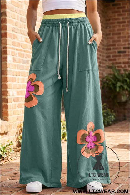 Sky Blue Color Block Flower Patchwork Drawstring Contrasted Elastic Waist Wide Leg Pants - L.T.C Wear Online Fashion Store