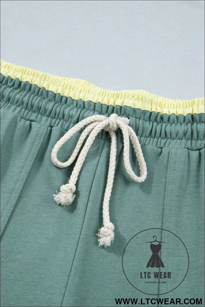 Sky Blue Color Block Flower Patchwork Drawstring Contrasted Elastic Waist Wide Leg Pants - L.T.C Wear Online Fashion Store