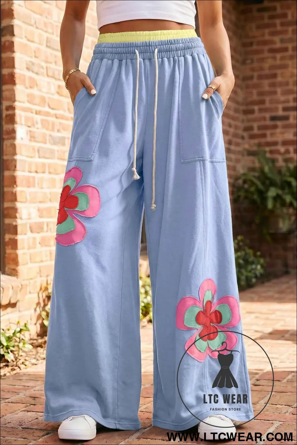 Sky Blue Color Block Flower Patchwork Drawstring Contrasted Elastic Waist Wide Leg Pants