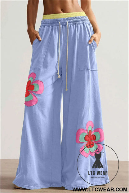 Sky Blue Color Block Flower Patchwork Drawstring Contrasted Elastic Waist Wide Leg Pants
