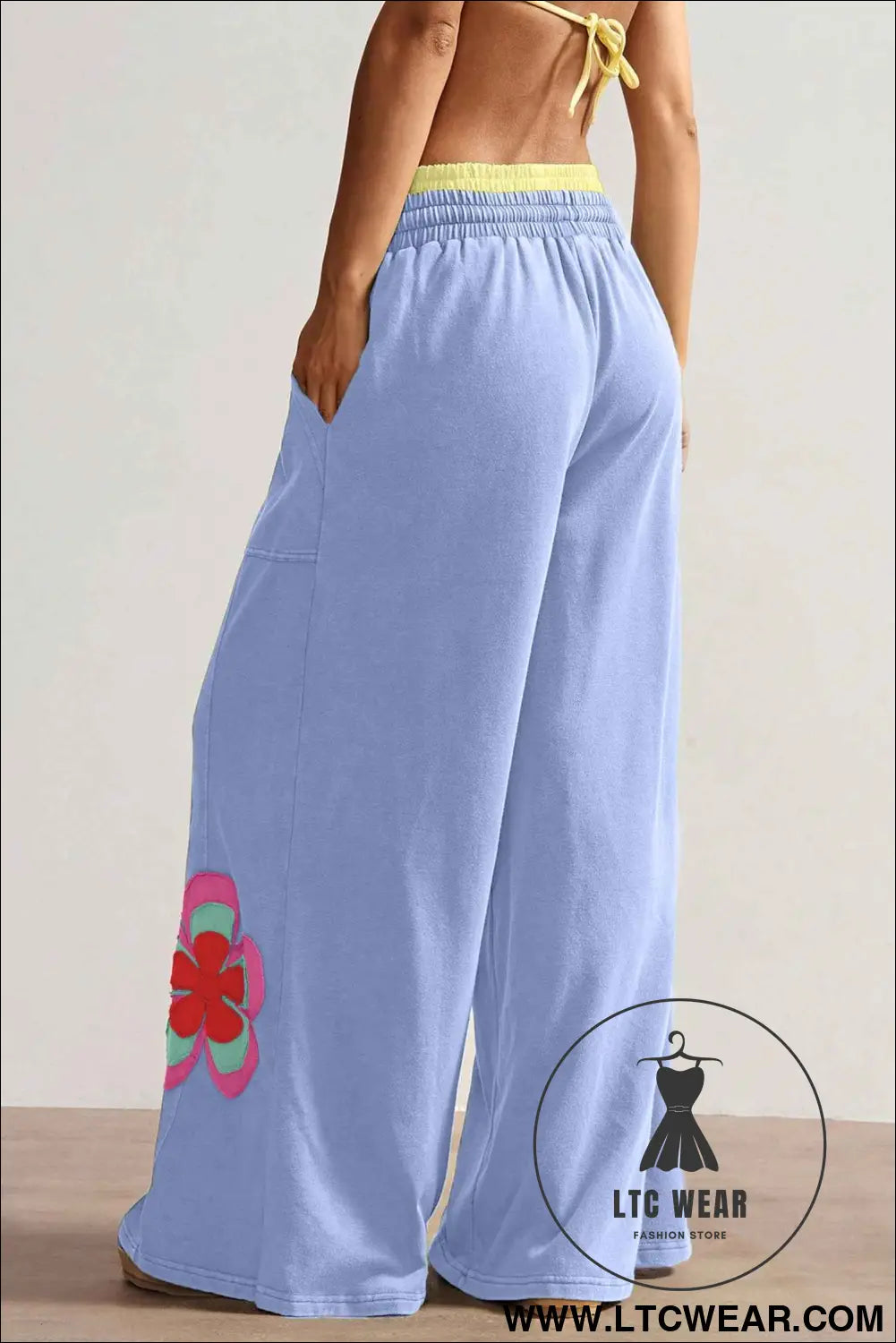 Sky Blue Color Block Flower Patchwork Drawstring Contrasted Elastic Waist Wide Leg Pants