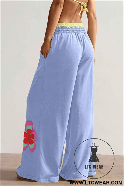 Sky Blue Color Block Flower Patchwork Drawstring Contrasted Elastic Waist Wide Leg Pants