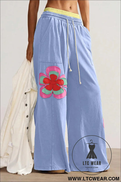 Sky Blue Color Block Flower Patchwork Drawstring Contrasted Elastic Waist Wide Leg Pants - L.T.C Wear Online Fashion Store