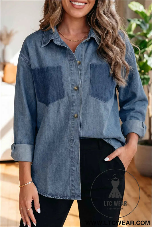 Sky Blue Color Block Pocket Detail Casual Button Down Denim Shirt
