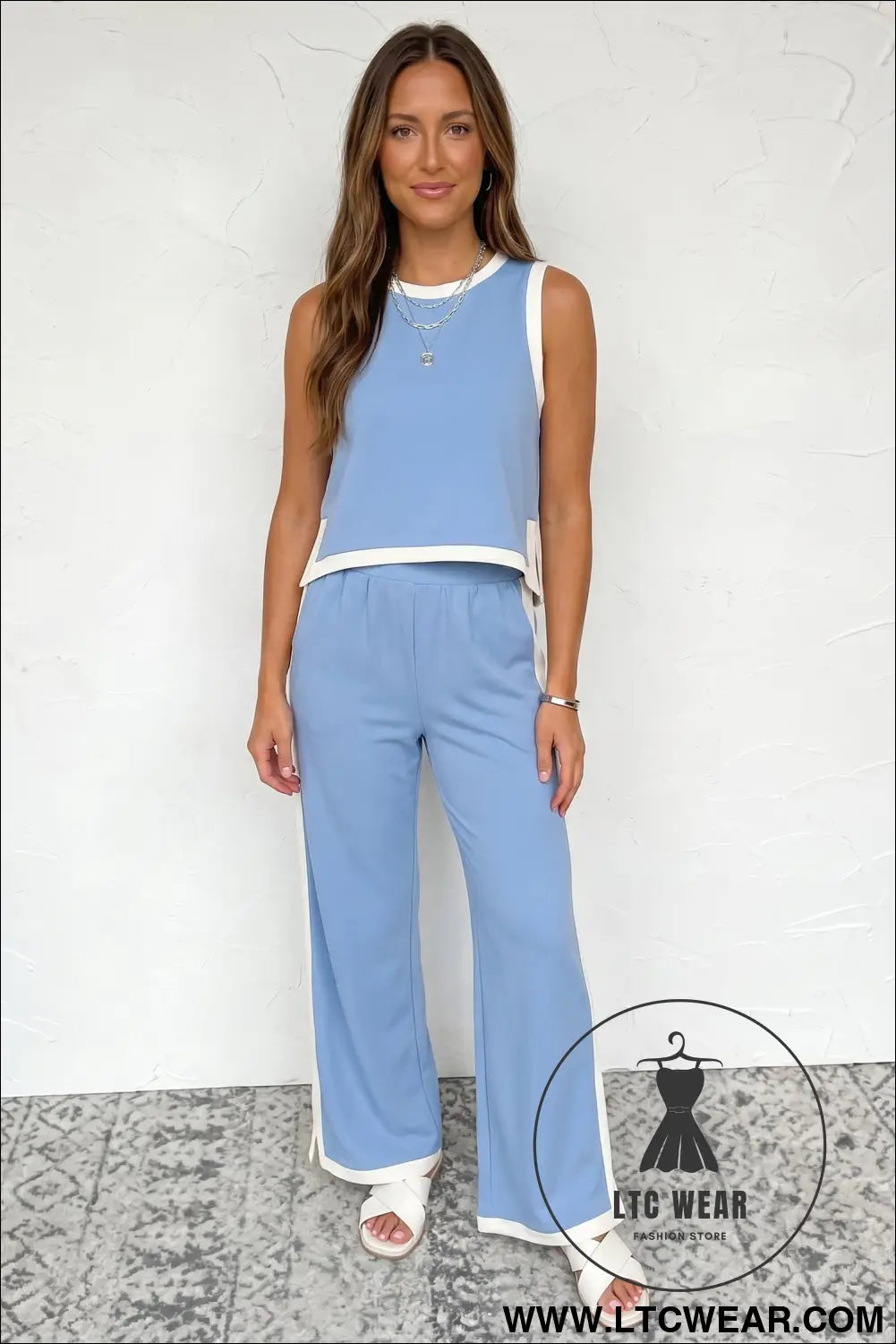 Sky blue colorblock trim cropped tank elastic waist shift pants 2pcs set - pant sets