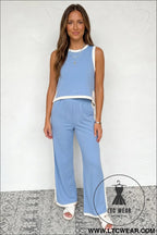 Sky blue colorblock trim cropped tank elastic waist shift pants 2pcs set - pant sets