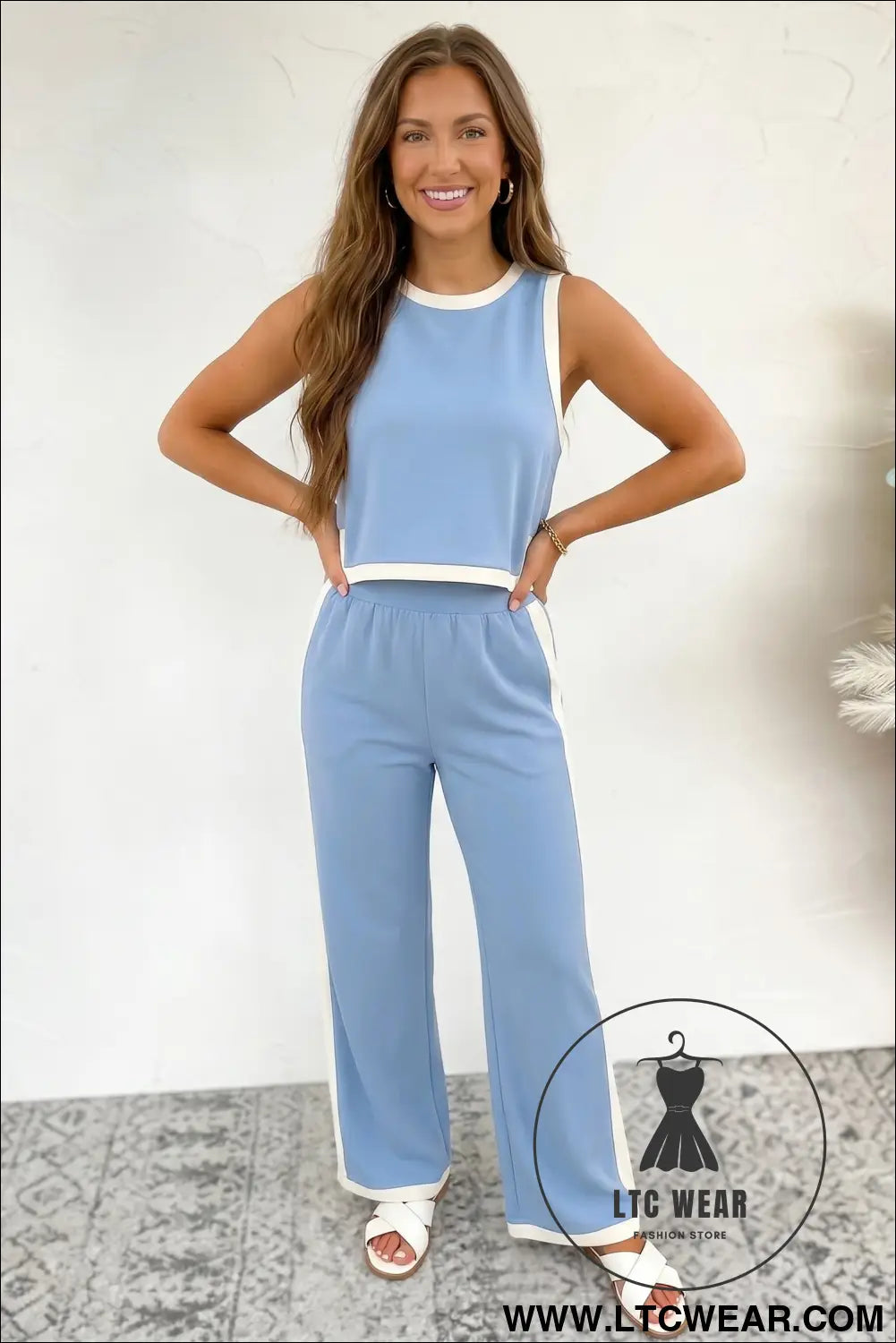 Sky blue colorblock trim cropped tank elastic waist shift pants 2pcs set - pant sets