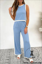 Sky blue colorblock trim cropped tank elastic waist shift pants 2pcs set - sky blue / l / 50% polyester + 43% viscose