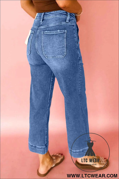 Sky Blue Cropped High Rise Wide Leg Jeans