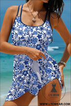 Sky blue crossed back floral print asymmetric knot side one piece swimsuit - one piece swimsuit