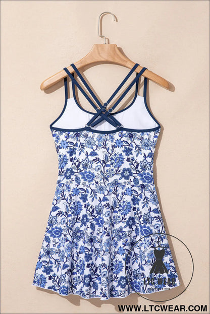 Sky blue crossed back floral print asymmetric knot side one piece swimsuit - one piece swimsuit