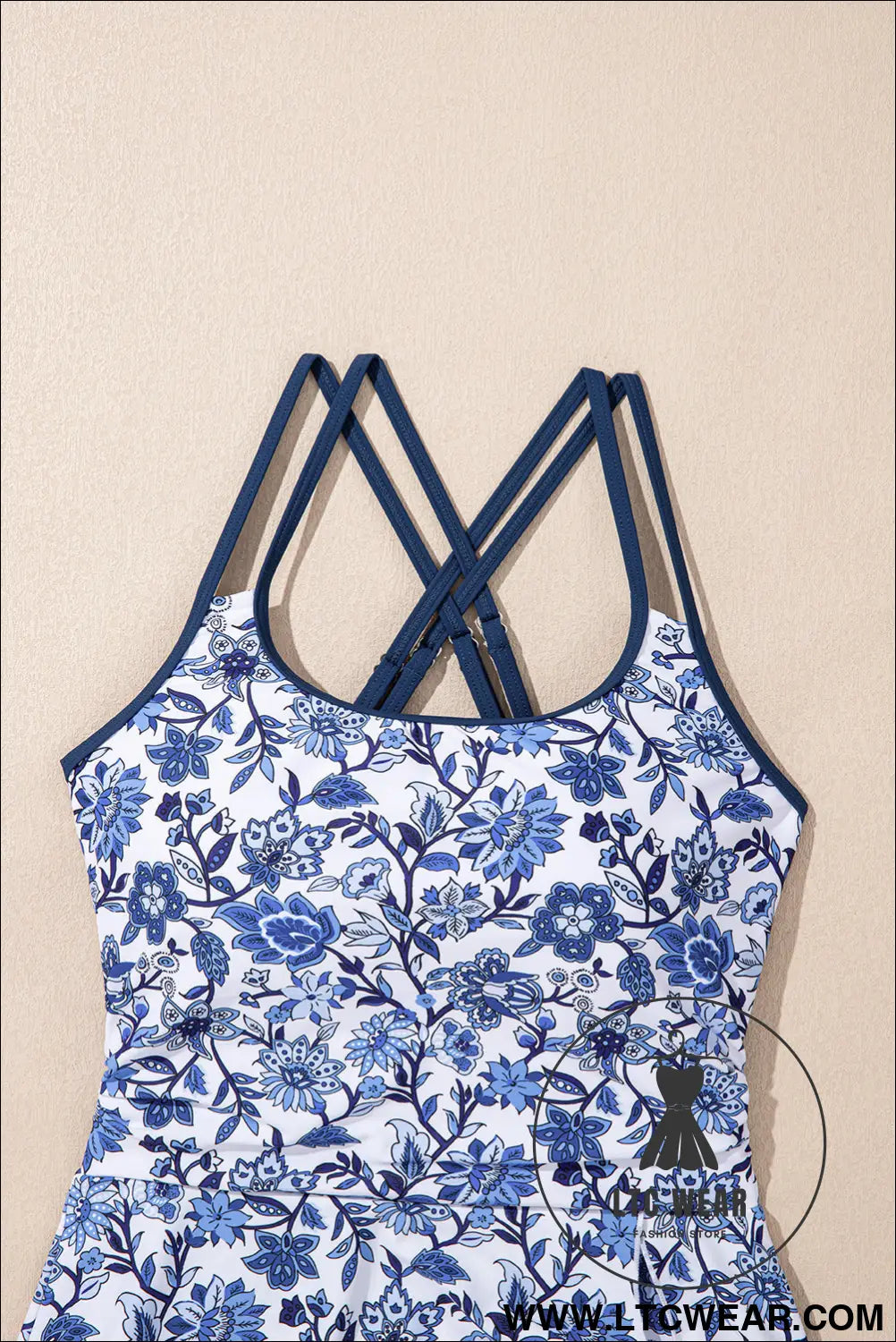 Sky blue crossed back floral print asymmetric knot side one piece swimsuit - one piece swimsuit