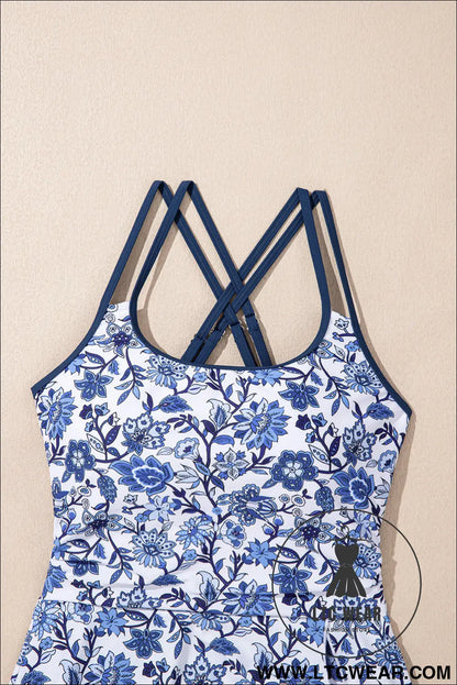 Sky blue crossed back floral print asymmetric knot side one piece swimsuit - one piece swimsuit