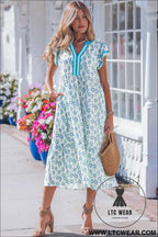 Sky Blue Cute Sunflower Printed Striped Patchwork Trim Flutter Sleeve Long Dress