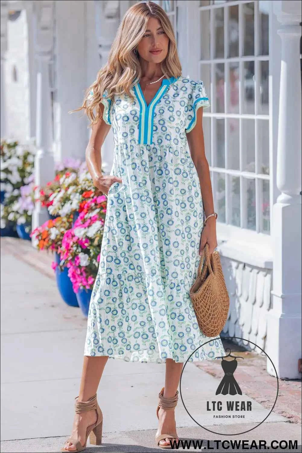 Sky Blue Cute Sunflower Printed Striped Patchwork Trim Flutter Sleeve Long Dress