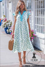 Sky Blue Cute Sunflower Printed Striped Patchwork Trim Flutter Sleeve Long Dress