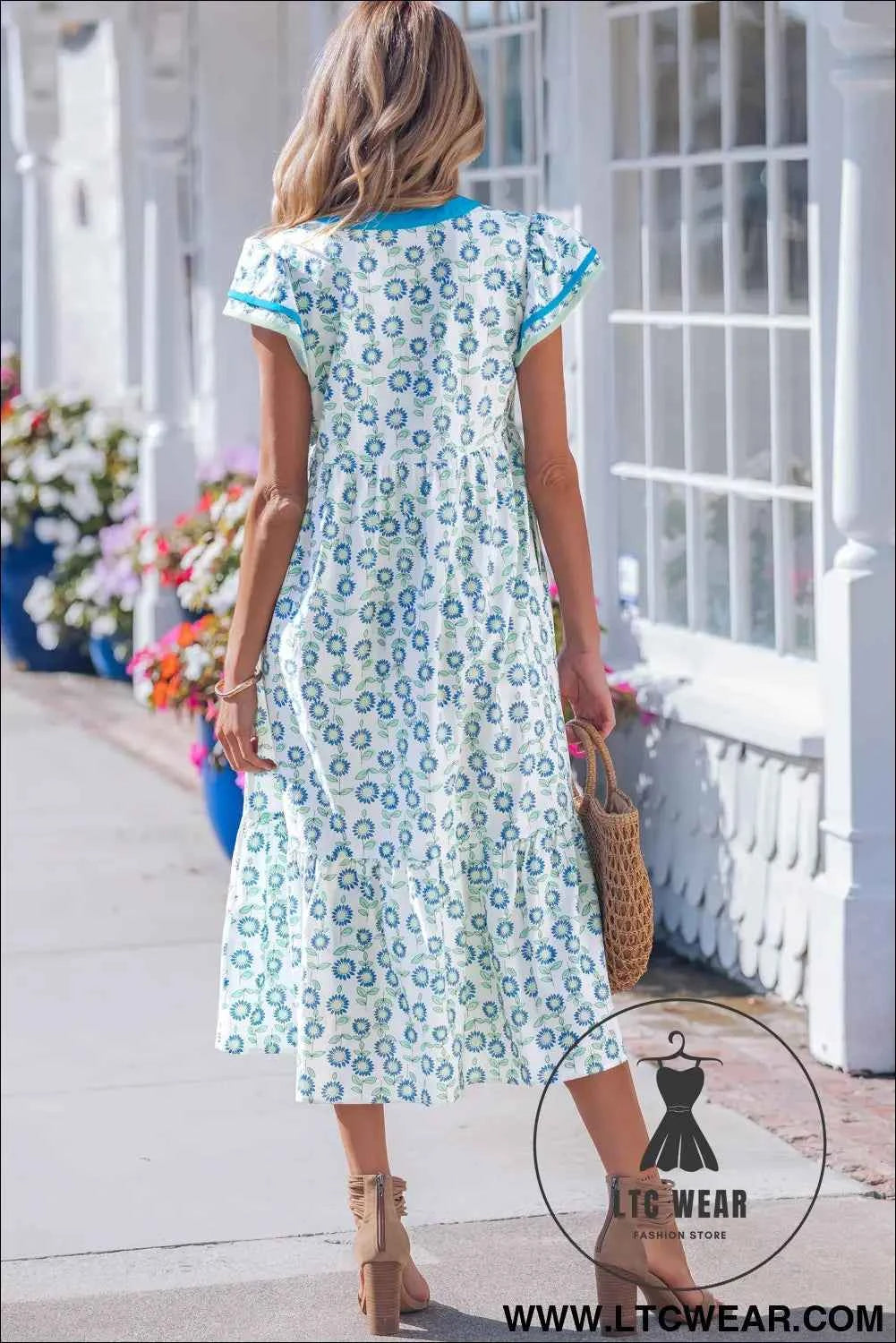 Sky Blue Cute Sunflower Printed Striped Patchwork Trim Flutter Sleeve Long Dress
