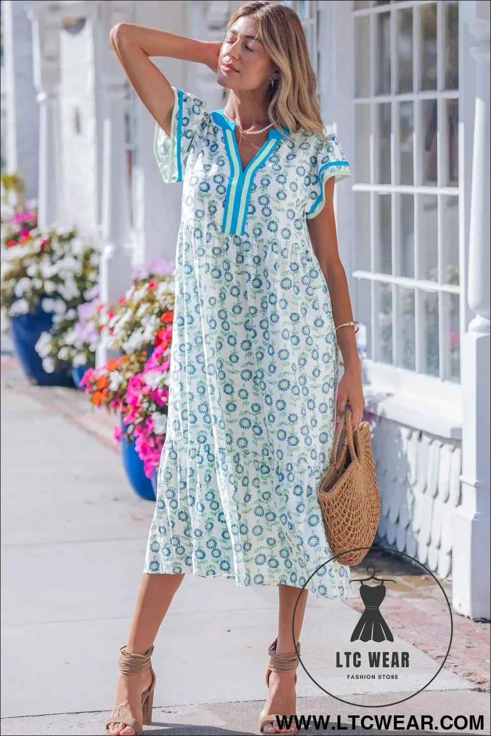 Sky Blue Cute Sunflower Printed Striped Patchwork Trim Flutter Sleeve Long Dress