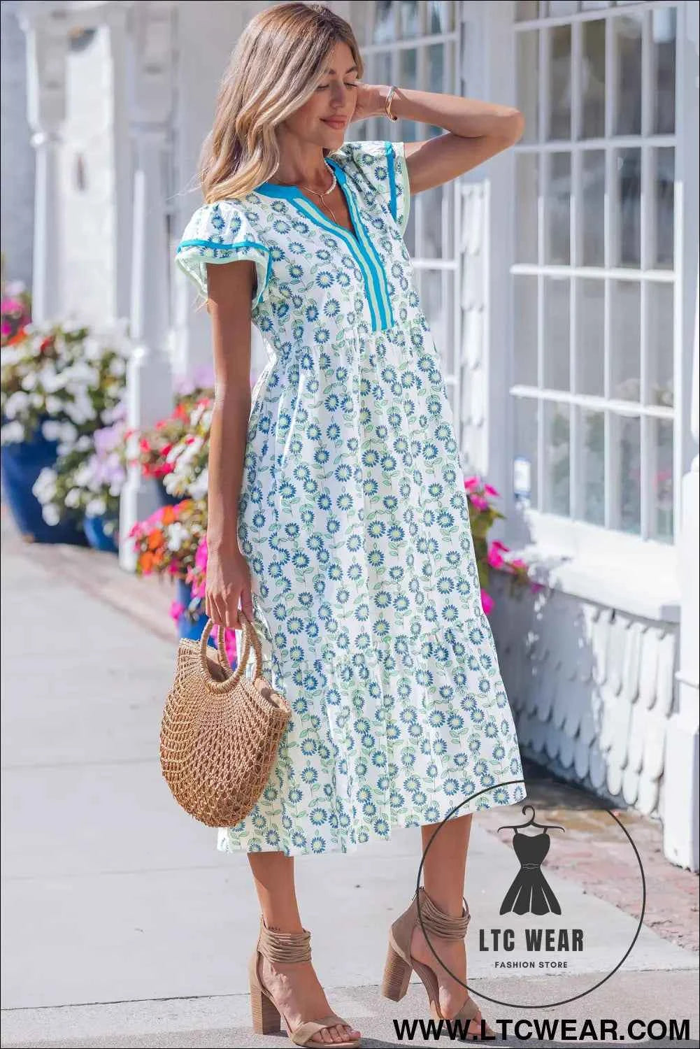 Sky Blue Cute Sunflower Printed Striped Patchwork Trim Flutter Sleeve Long Dress