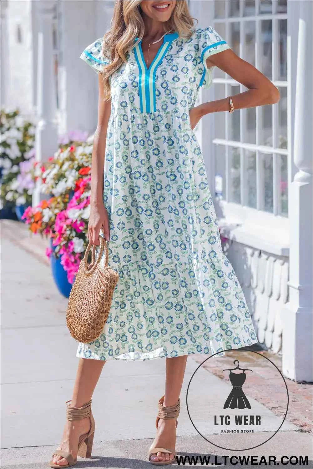 Sky Blue Cute Sunflower Printed Striped Patchwork Trim Flutter Sleeve Long Dress