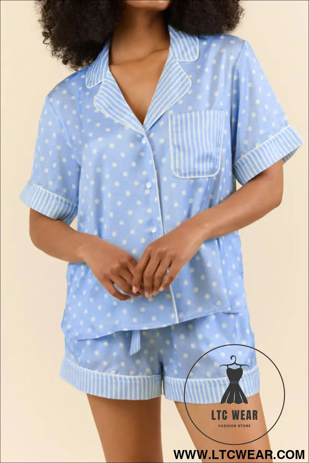 Sky blue dotted print soft short pajama set - sleepwear