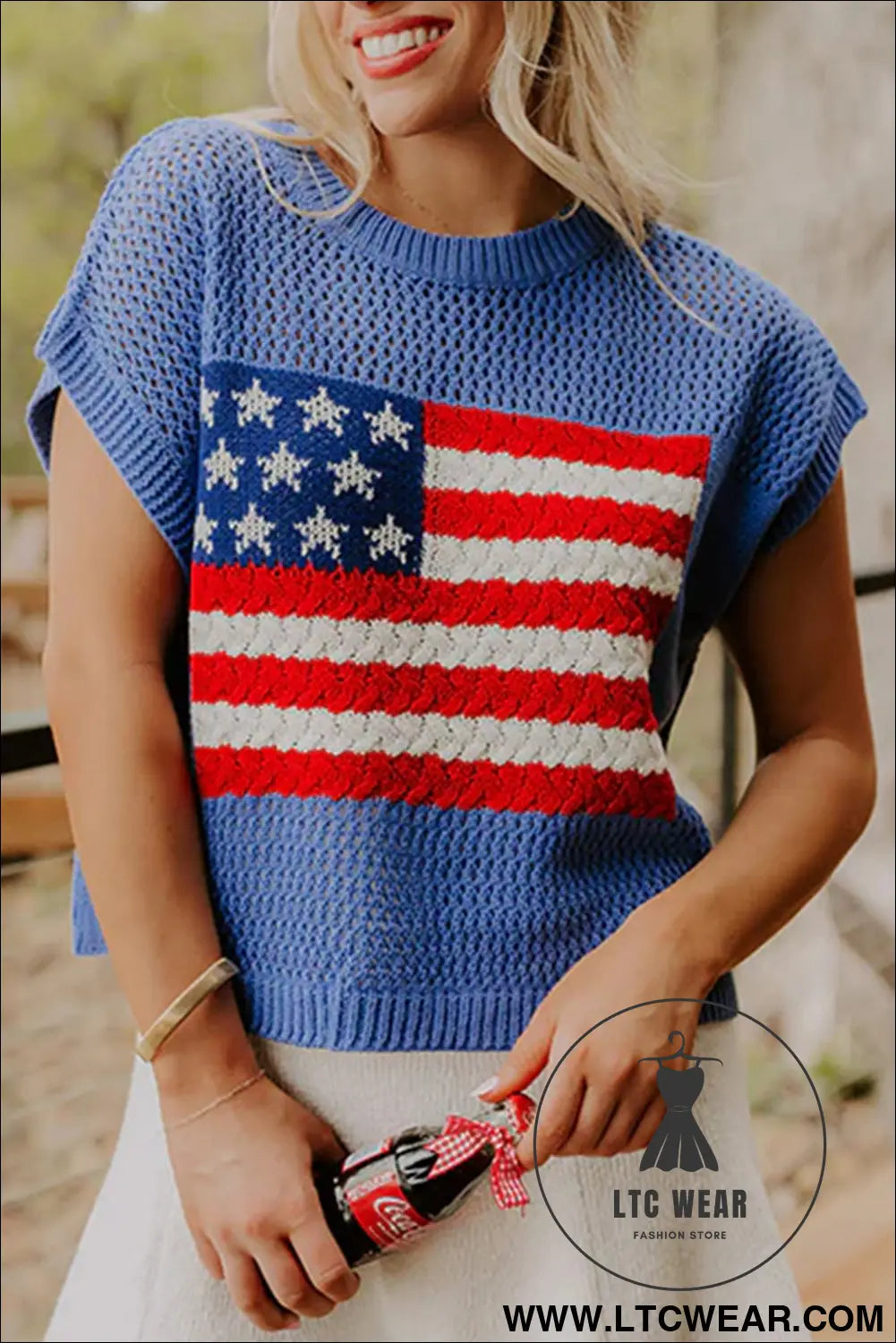 Sky blue flag graphic short sleeve sweater top - sky blue / l / 100% acrylic - short sleeve sweaters