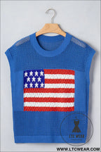 Sky blue flag graphic short sleeve sweater top - short sleeve sweaters