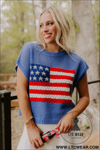Sky blue flag graphic short sleeve sweater top - short sleeve sweaters