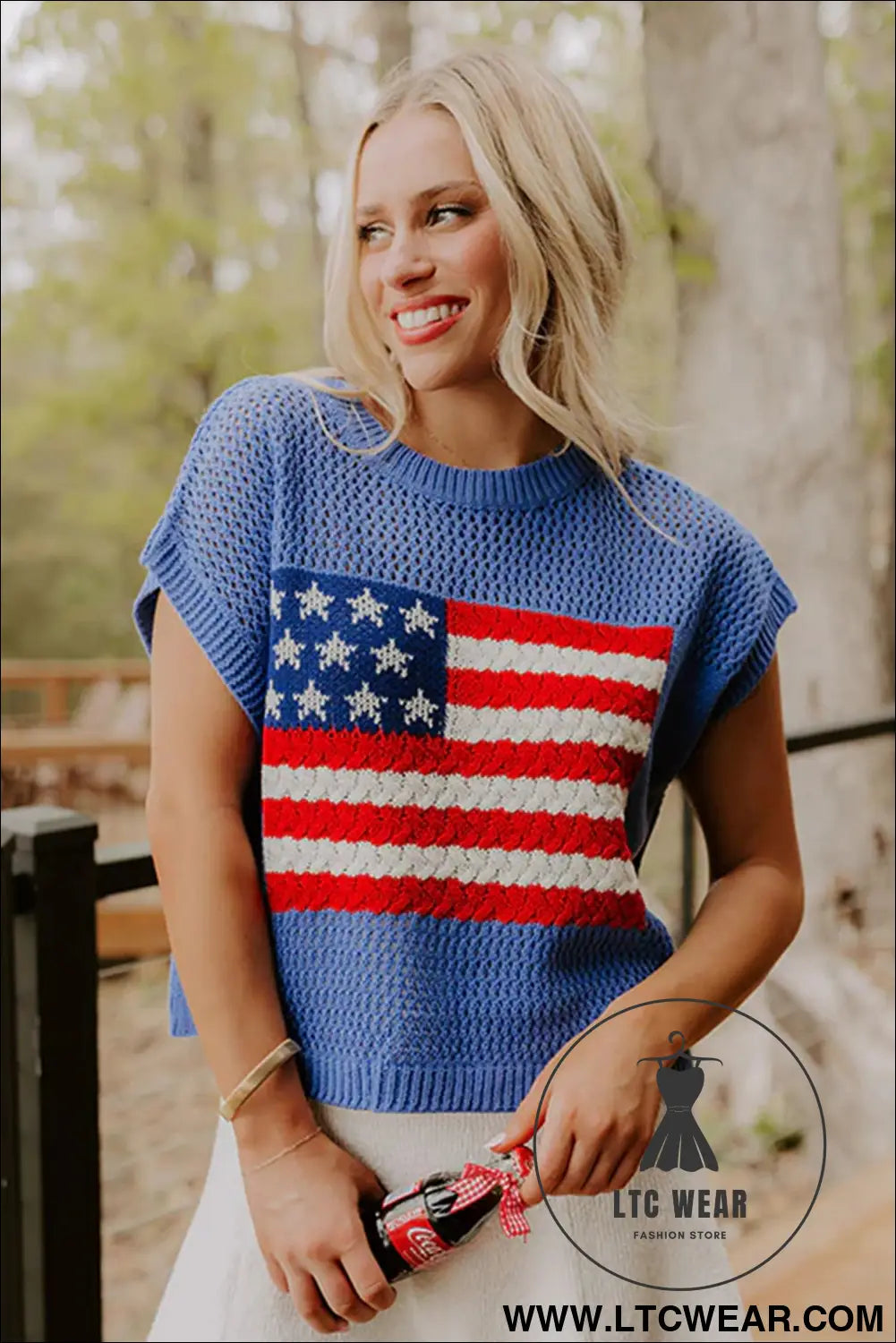 Sky blue flag graphic short sleeve sweater top - short sleeve sweaters