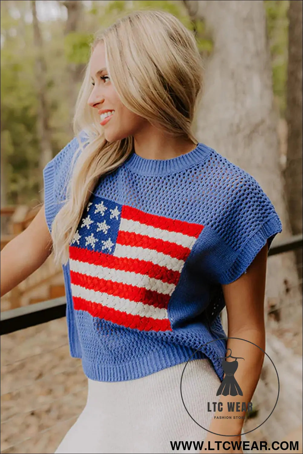 Sky blue flag graphic short sleeve sweater top - short sleeve sweaters