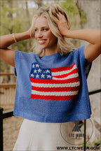 Sky blue flag graphic short sleeve sweater top - short sleeve sweaters