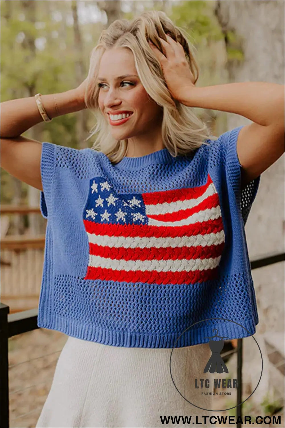 Sky blue flag graphic short sleeve sweater top - short sleeve sweaters