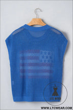 Sky blue flag graphic short sleeve sweater top - short sleeve sweaters