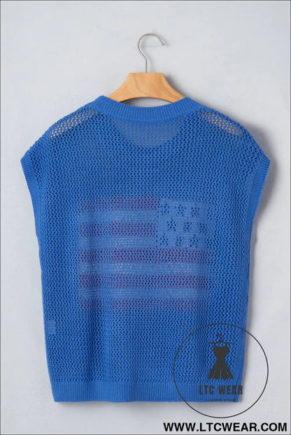 Sky blue flag graphic short sleeve sweater top - short sleeve sweaters