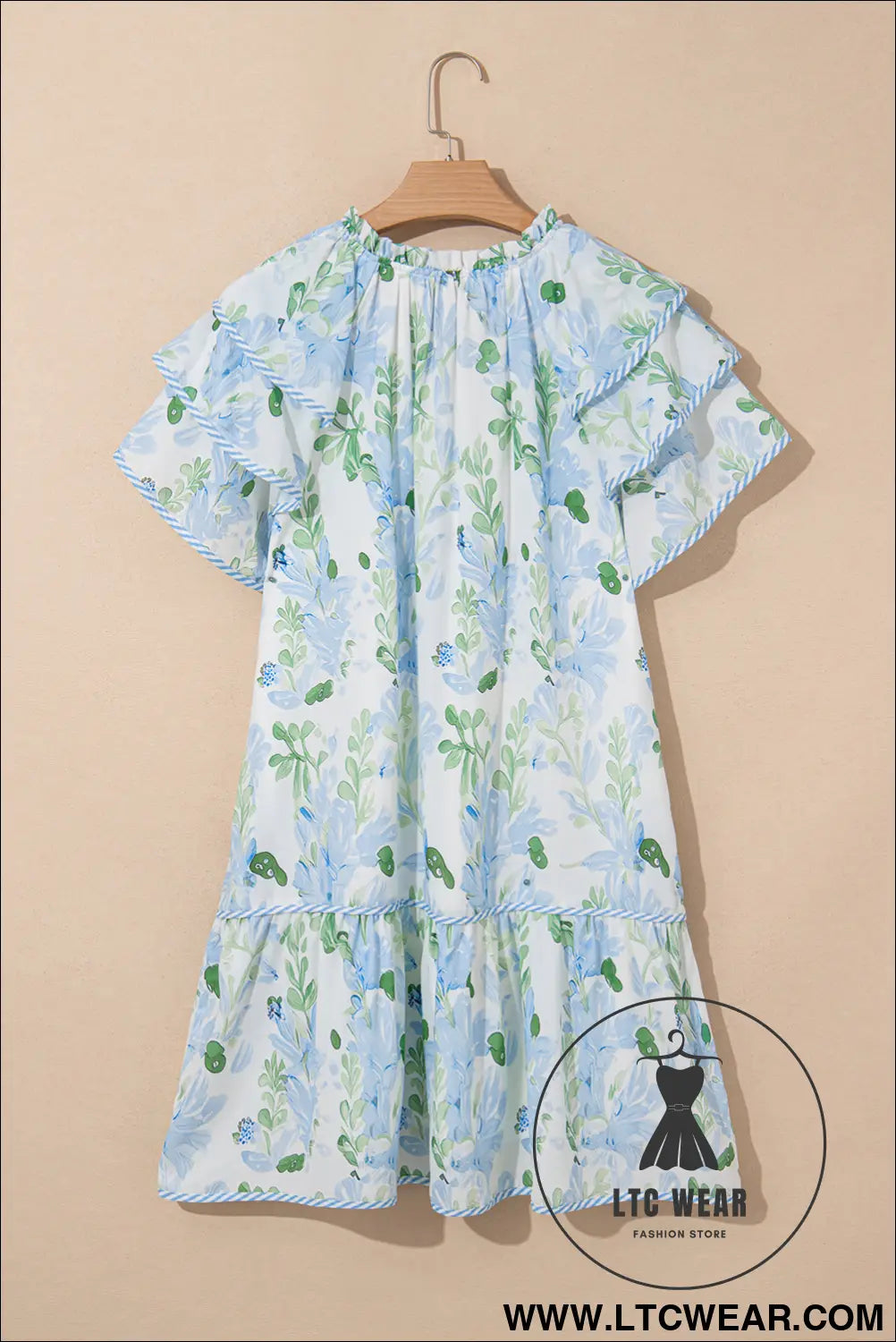 Sky blue floral contrast edge ruffle sleeve tie neck mini dress - floral dresses