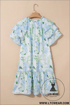 Sky blue floral contrast edge ruffle sleeve tie neck mini dress - floral dresses