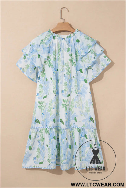 Sky blue floral contrast edge ruffle sleeve tie neck mini dress - floral dresses