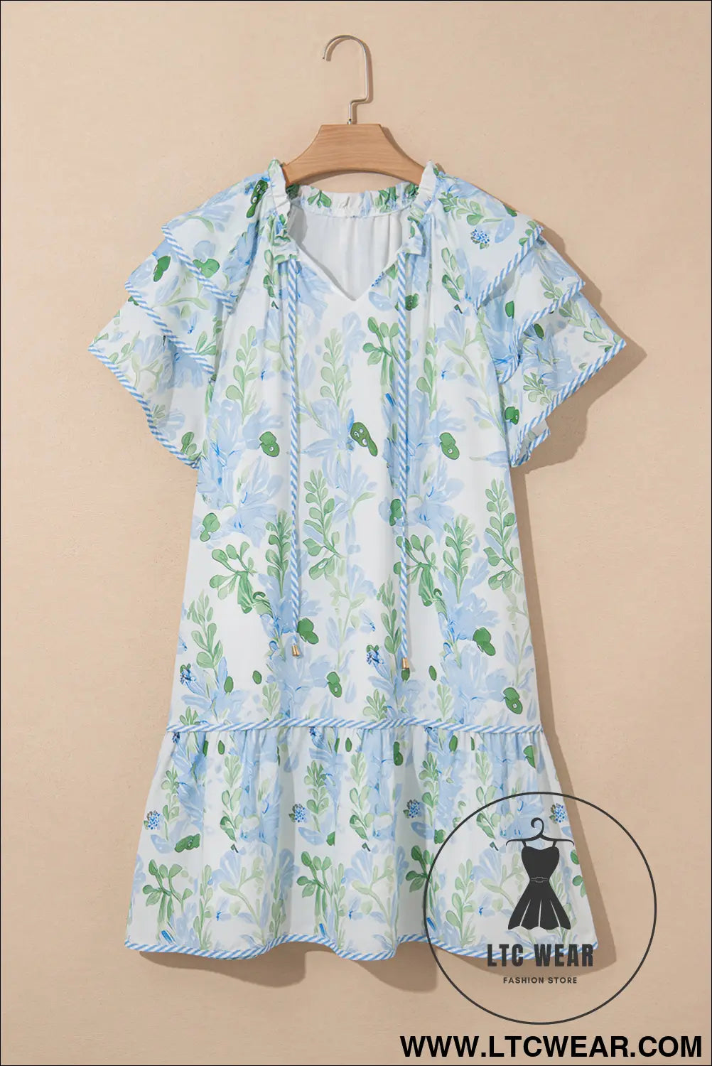 Sky blue floral contrast edge ruffle sleeve tie neck mini dress - floral dresses