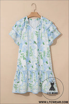 Sky blue floral contrast edge ruffle sleeve tie neck mini dress - floral dresses