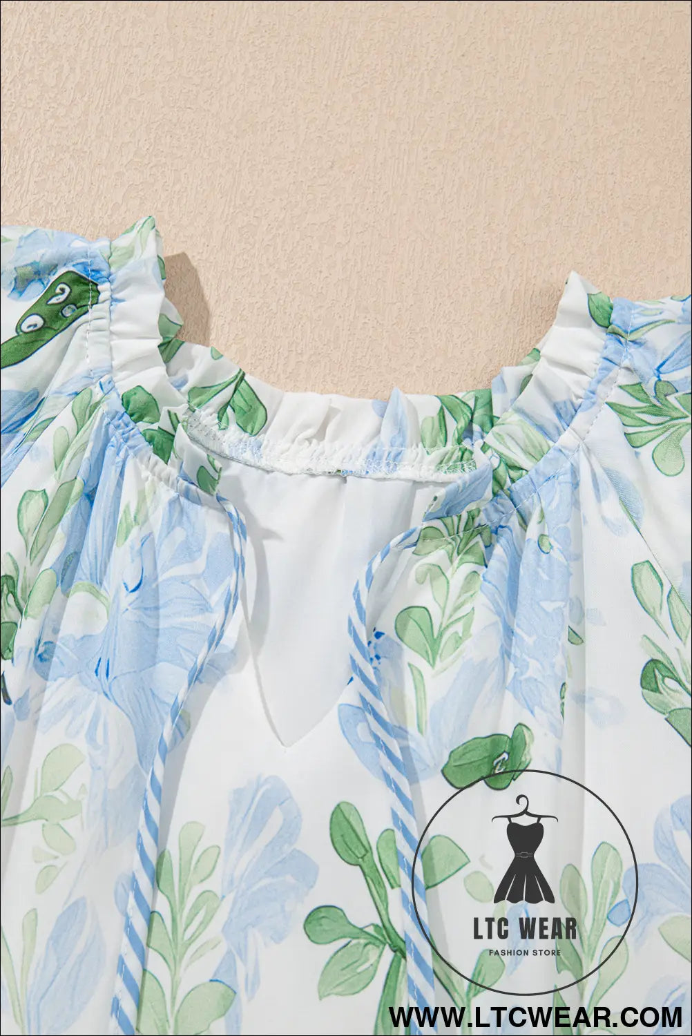 Sky blue floral contrast edge ruffle sleeve tie neck mini dress - floral dresses