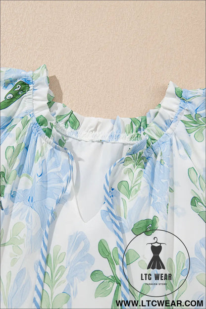 Sky blue floral contrast edge ruffle sleeve tie neck mini dress - floral dresses