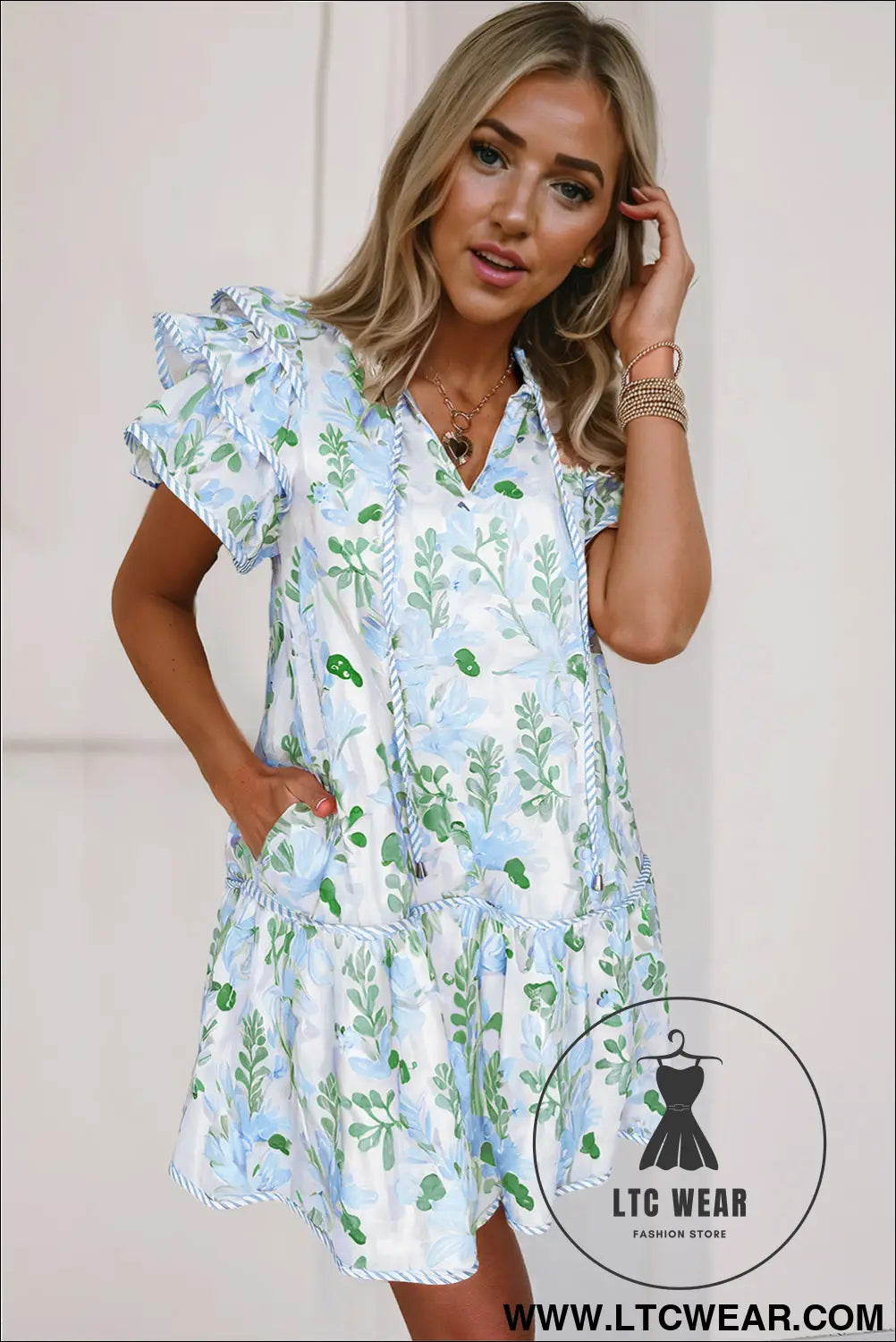 Sky blue floral contrast edge ruffle sleeve tie neck mini dress - floral dresses