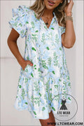 Sky blue floral contrast edge ruffle sleeve tie neck mini dress - sky blue / l / 100% polyester - floral dresses
