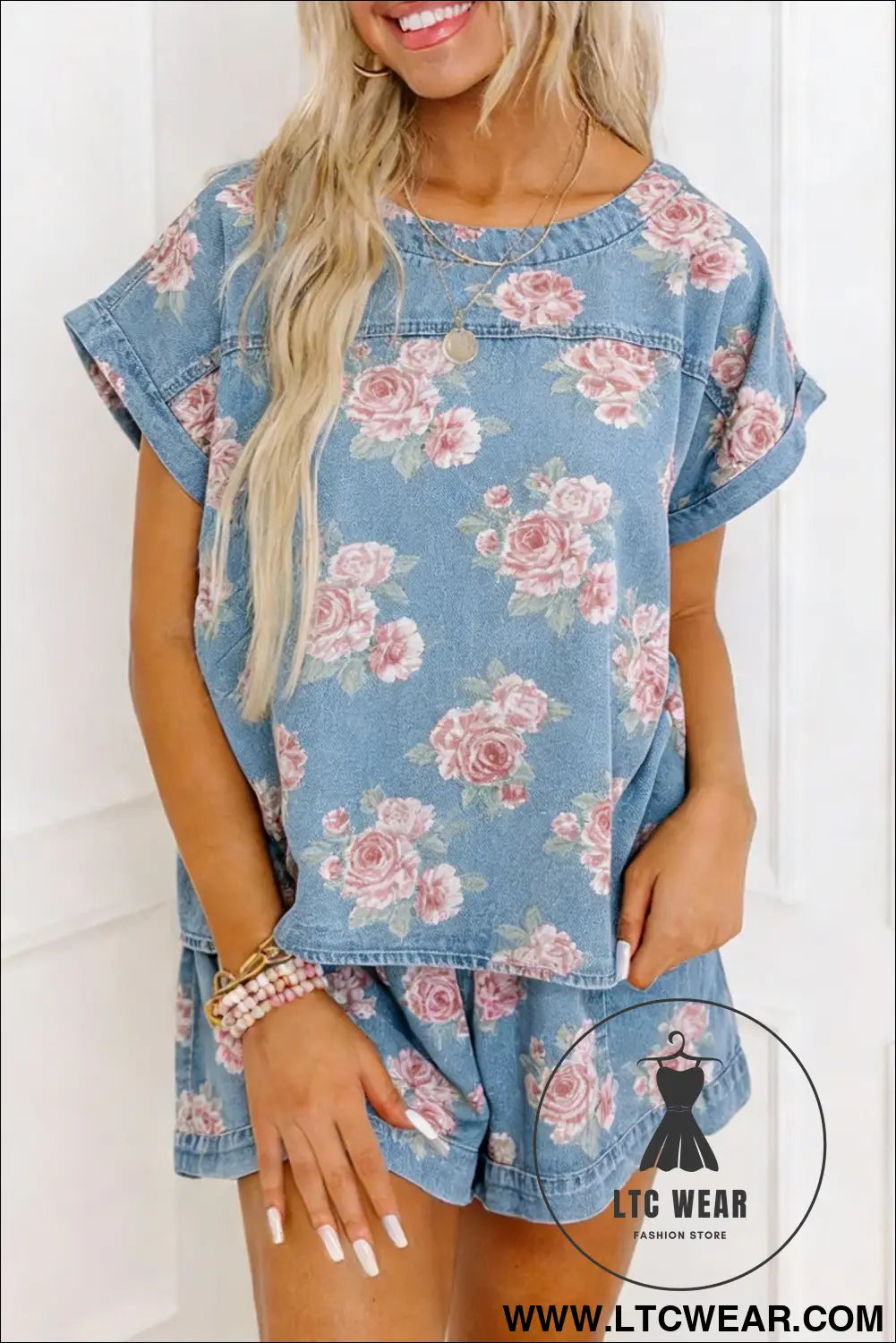 Sky blue floral denim short sleeve top loose shorts 2pcs set - sky blue / l / 65% cotton + 35% polyester - short sets