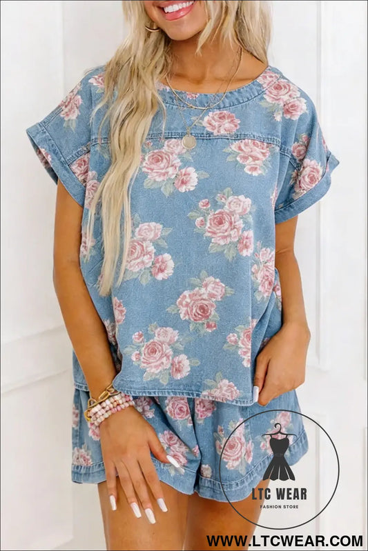 Sky blue floral denim short sleeve top loose shorts 2pcs set - sky blue / l / 65% cotton + 35% polyester - short sets