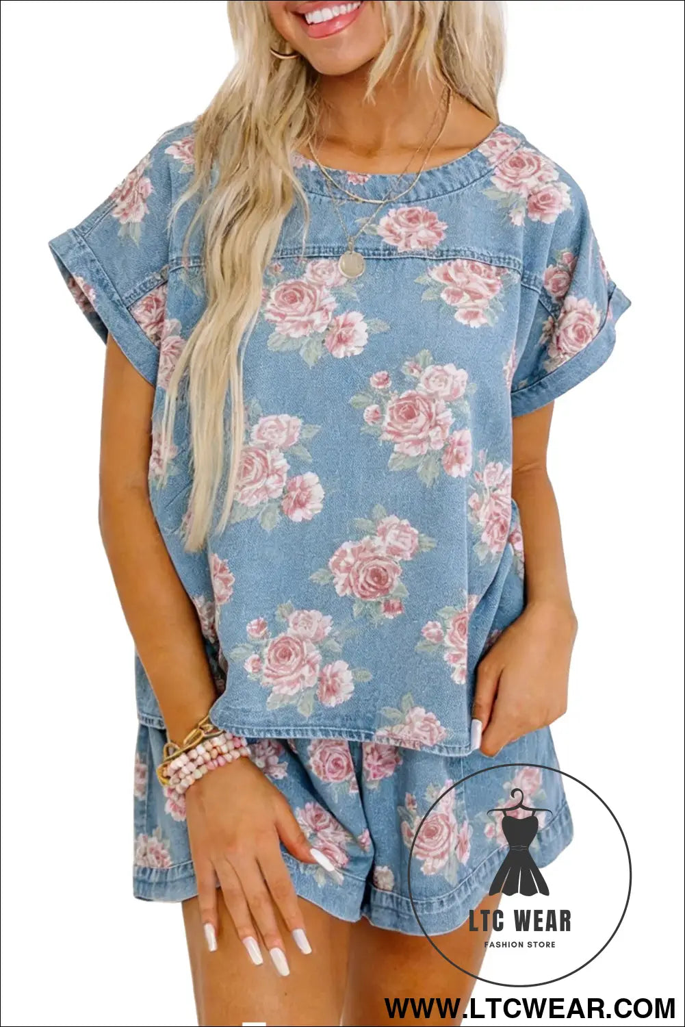 Sky blue floral denim short sleeve top loose shorts 2pcs set - short sets